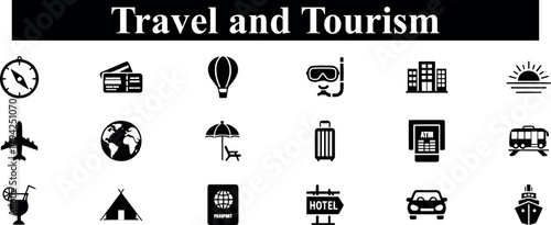 Collection of travel and tourism icons including compass, tickets, hot air balloon, snorkel, hotel, airplane, globe, beach chair, suitcase, bus, cocktail, tent, passport, car, and ship