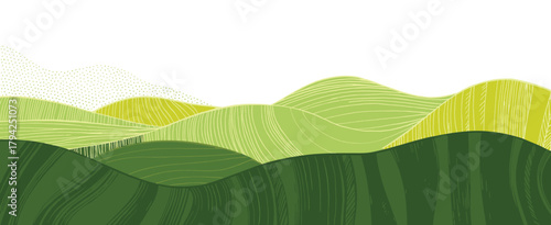Stylized Green Rolling Hills Landscape with Textured Patterns on White Background nature