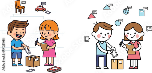 Children organizing items with checklists and boxes, teamwork activity, educational classification task, cartoon kids sorting objects, learning and collaboration illustration