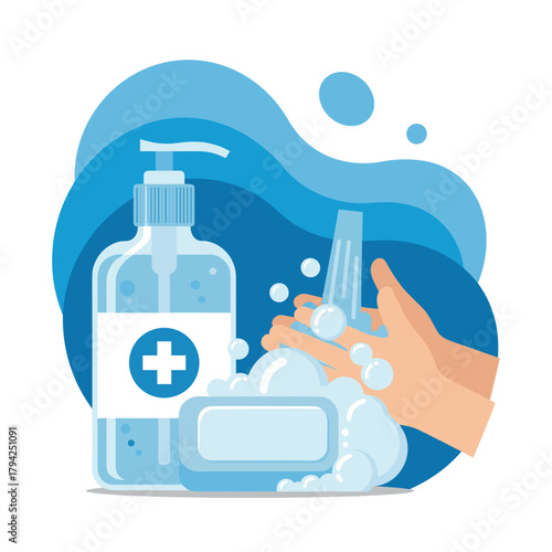 Hygiene and sanitation concept showing hand washing with soap and water, with a bottle of antibacterial hand sanitizer gel.