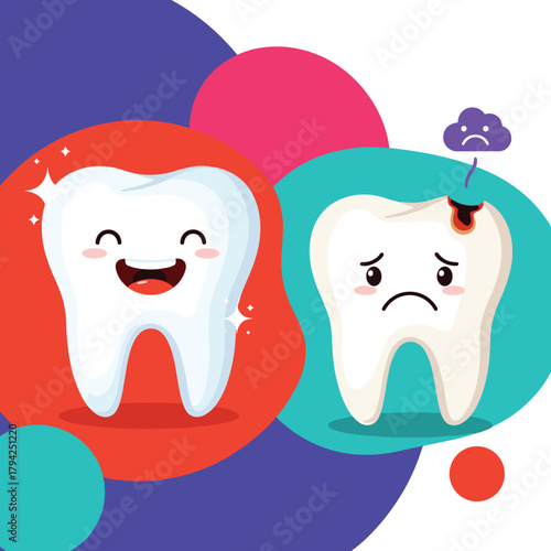 Dental health comparison showing a happy, sparkling clean tooth versus a sad tooth with a cavity, illustrating oral hygiene.