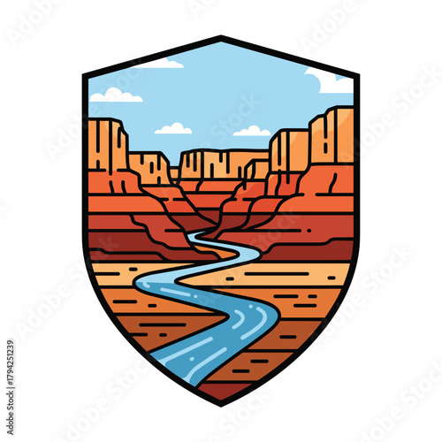 Stylized travel patch or emblem of a river winding through a vast red rock canyon under a blue sky with fluffy white clouds.