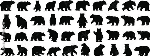 Black bear silhouette collection, animal poses vector, wildlife graphic design, walking bear clipart, standing bear icon, nature illustration, forest creature shapes, editable