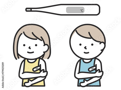 体温計をわきの下に挟んで体温計測をする子供のイラスト