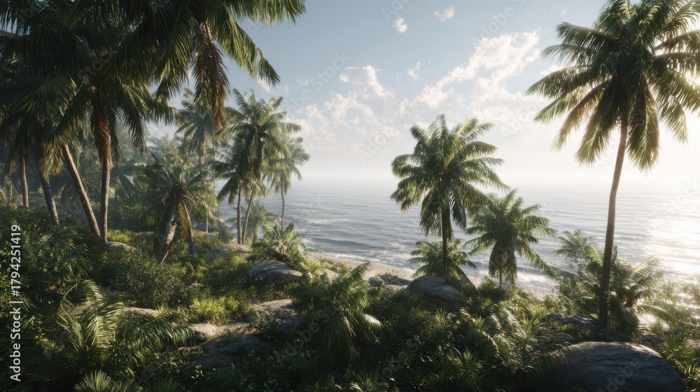 Fototapeta premium Serene Coastal Scene with Lush Palm Trees and Gentle Waves Under a Bright Sky at Dawn