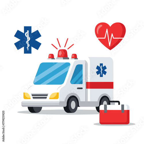Emergency medical services concept with an ambulance, first aid kit, Star of Life, and heart symbol on a clean white background.