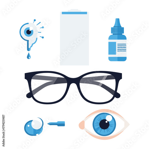 Ophthalmology and vision care concept illustration showing various items like eyeglasses, contact lenses, eye drops, and eye diagrams.