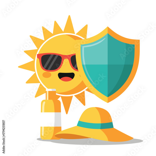 Sun protection concept with a cute cartoon sun wearing sunglasses and holding a shield, alongside a bottle of sunscreen and a hat.