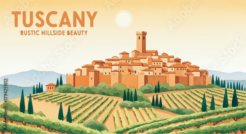 Flat design illustration of Tuscan medieval town on a hill surrounded by vineyards and cypress trees