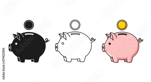 Three piggy banks in different styles on white background