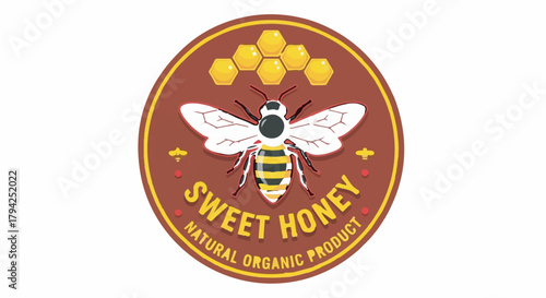 Sweet Honey Natural Organic Product vintage label vector logo with bee illustration isolated on white