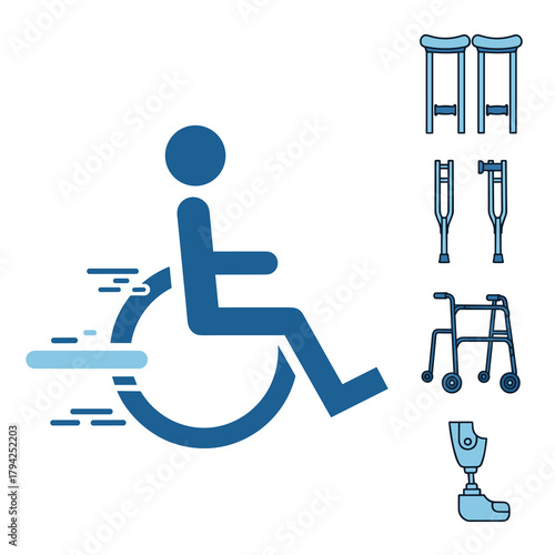 Set of icons representing disability and mobility aids, including a wheelchair, crutches, a walker, and a prosthetic leg.