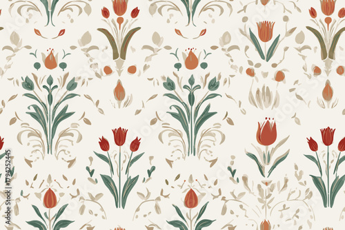 Hand drawn colourful flowers retro pattern with an Egyptian motif, featuring tulips and arabesque elements suitable for fabric,textiles, clothing,Ethnic Indian Pattern,wrapping paper, backdrop, banner