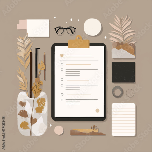 Minimalist office workspace flat lay with clipboard glasses and plants