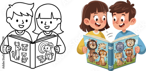 Happy children reading animal storybook together, colorful and line art illustration, kids enjoying educational wildlife book, learning and imagination concept