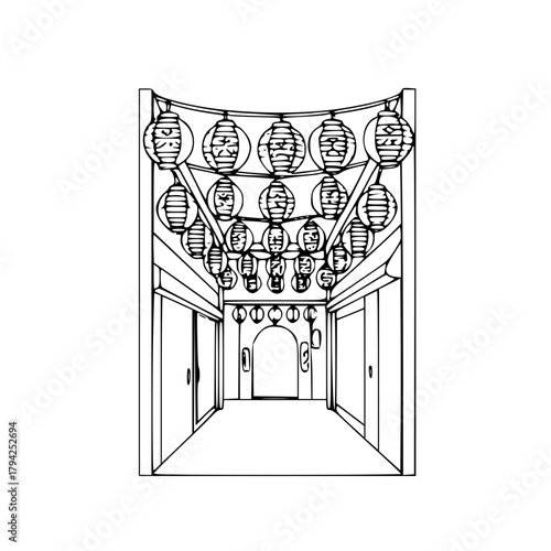 Decorative Japanese lantern gate cultural line illustration