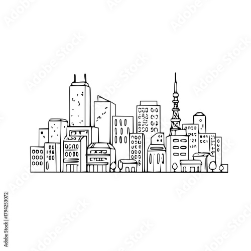 Minimal urban city skyline building line illustration