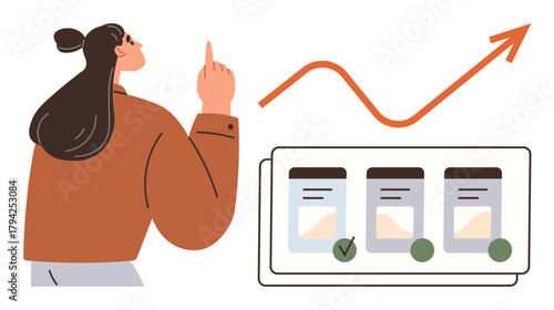 Woman analyzing data progression with a positive trend graph. Planning, decision-making, growth, business strategy, education, analytics, workflow optimization. Ideal for teamwork growth-oriented