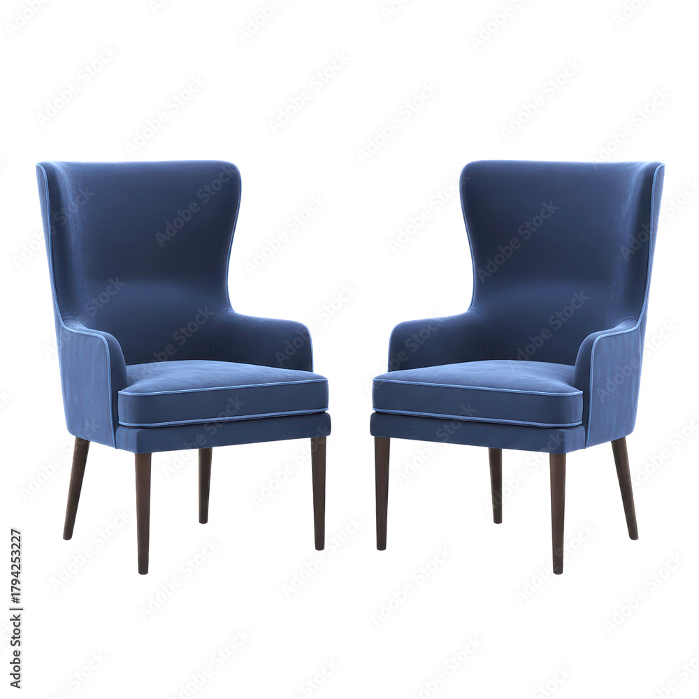 Obraz premium Pair of elegant blue velvet wingback armchairs with dark wooden legs.