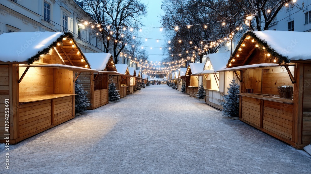 Fototapeta premium A festive holiday market with wooden stalls and twinkling lights in the snow.