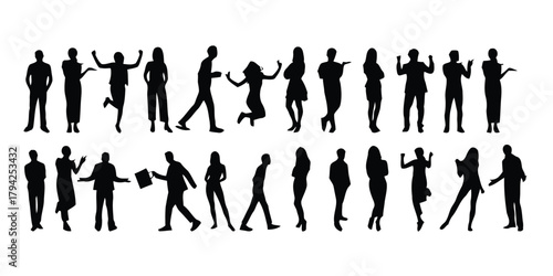 silhouette, people, person, man, woman, group, crowd, business, casual, walking, jumping, standing, posing, active, dynamic, diverse, collection, set, graphic, illustration, black, white background, h