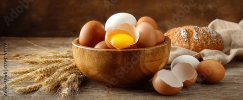 The Eggs in a Wooden Bowl with Cracked Yolk, Wheat and Rustic Bread