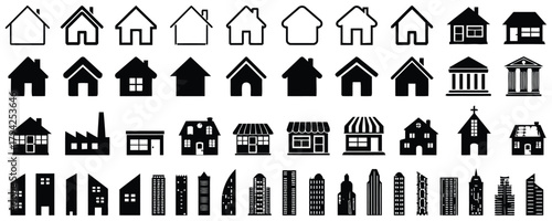 house, home, building, architecture, silhouette, icon, residential, commercial, church, factory, skyscraper, townhouse, cottage, modern, traditional, design, graphic, element, collection, set, outline