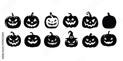 halloween, pumpkin, jackolantern, spooky, scary, carved, face, holiday, autumn, fall, celebration, tradition, silhouette, black and white, icon, symbol, collection, set, illustration, design element, 