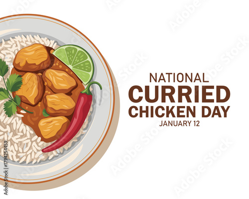 National Curried Chicken Day poster vector illustration. Chicken curry with rice, coriander and chili pepper icon. Chicken Tikka Masala on a plate drawing. January 12 each year.