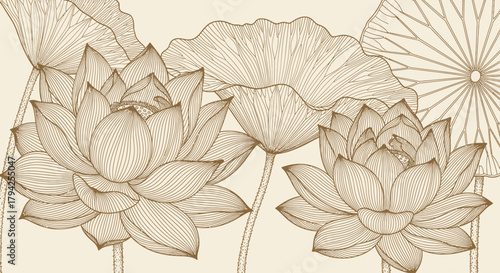Golden lotus flowers with intricate patterns on a light background