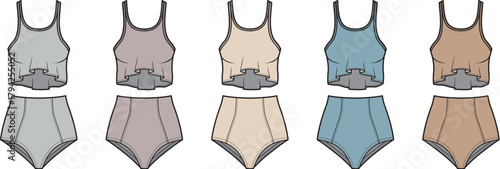 Collection of Women's Two-Piece Outfits in Pastel Colors Fashion Design Illustration