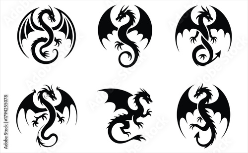 Set of Black Dragon Silhouettes - Various Poses