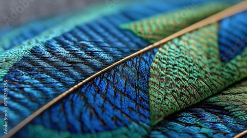 Detailed shot of a peacock feather's intricate patterns in vivid blues and greens.