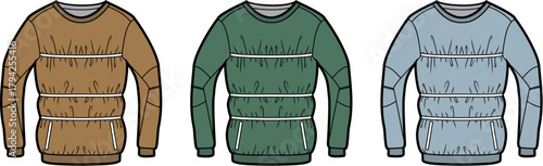 Fashion Illustration Vector Set of Crewneck Sweatshirts in Various Colors for Apparel Design