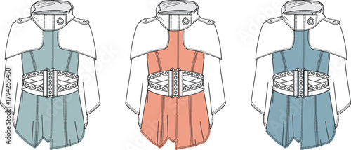 Stylish outerwear design variations in teal, coral, and blue, featuring a belt and cape-like details