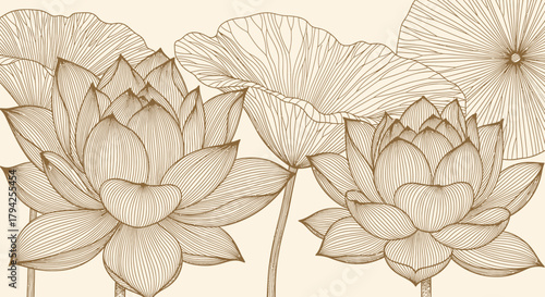 Intricately patterned golden lotus flowers on a light background