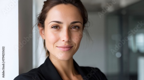 Portrait of a confident businesswoman with a subtle smile in a sleek office setting. 