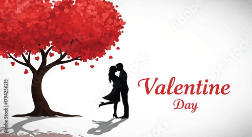 Romantic silhouette of a couple kissing under a tree adorned with heart shaped leaves on valentine s day