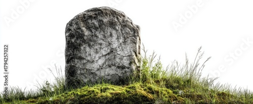 The Gravestone on a Mossy Hill with Tall Grass and Isolated White Background