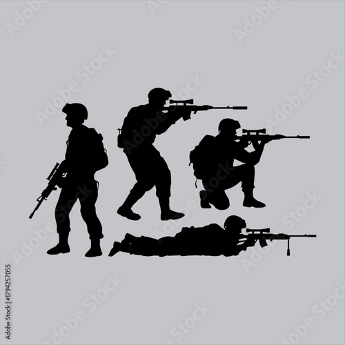 Silhouette illustration of soldiers in various combat positions aiming rifles depicting military readiness and strategic defense operations for security purposes