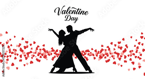 Romantic silhouette of a couple dancing amidst a shower of red hearts for valentine s day celebration