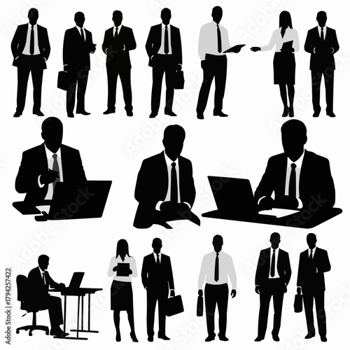 Business professionals in various poses, representing work and office scenarios.