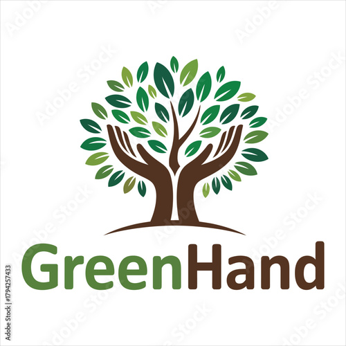 Green Hand and Tree Trunk Logo Concept