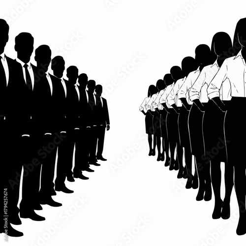 Silhouetted Professionals Facing Each Other in Lines.