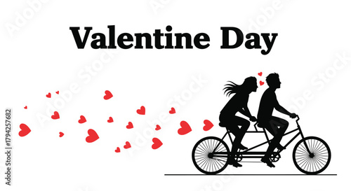 Valentine day silhouette of a couple riding a tandem bicycle surrounded by floating hearts