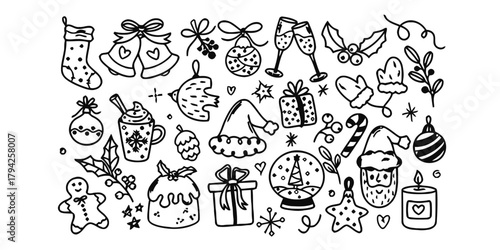 christmas, holiday, winter, doodle, sketch, drawing, festive, celebration, stocking, bells, ornament, champagne glasses, holly, mistletoe, gift box, santa hat, candy cane, gingerbread man, cake, snow 