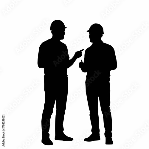 Two construction workers in hard hats discussing plans on a white background.