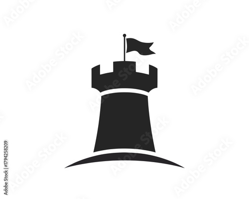 Illustration of a black castle tower with a flag on top standing on a small hill in monochrome