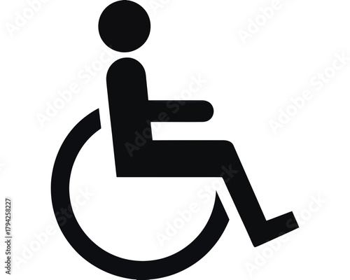 Black and white graphic of a person in a wheelchair symbol for accessibility and disability access sign