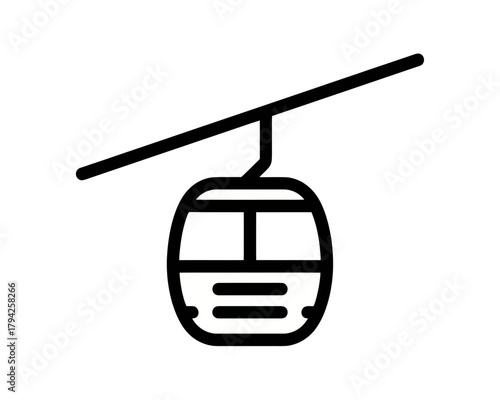 Illustration of a ski lift gondola suspended from a cable against a white background, simple and clean
